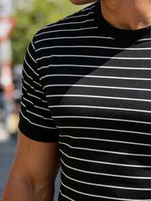 Men's Fashionable Striped Short Sleeve T-Shirt, Summer - Black - View 4