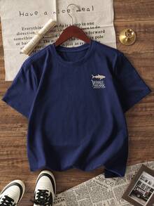 1pc Girls Casual Letter & Fish Print Round Neck Short Sleeve T-Shirt, Summer Student Young Clothing - Navy Blue - View 4