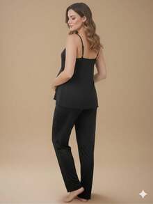 BabyDoll Nursing Pajama Set With Long Pants And Top With Click Closure + Lace Robe - Negro - Ver 4