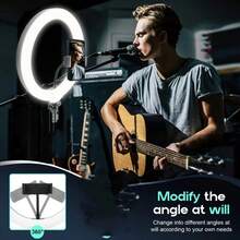 带可调光环形灯的顶置相机支架 - 灵活的手机臂支架，重型夹持底座，兼容 ，USB 供电照明，适用于直播、烹饪、美甲和 Vlog 拍摄，兼容 和安卓手机，适合冬季假期、音频/视频录制、采访、游戏和直播。假期音频录制、视频录制、采访、游戏直播、直播麦克风、迷你麦克风 - 黑色 - 查看 3