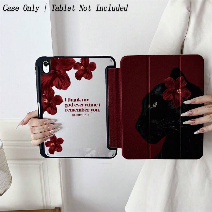 1pc Burgundy Hibiscus & Leopard Pattern Tablet Protective Case - Elegant And Eye-Catching Design, Foldable Stand, Shock-Proof Protection, Pen Slot, Suitable For 10.9/10.2/Air 5th Gen/Pro 11/10th Gen/9.7/Air 2/ (7th Gen)/ (8th Gen)/ Air 4/5/ Pro 11/ 10th Gen 10.9" (2022)/ Air 13" (M3 2025)/ Air 11" (M3 2025) - Multicolor - View 1