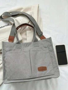 Striped Corduroy Foldable Tote Bag, Large Capacity - Grey - View 4