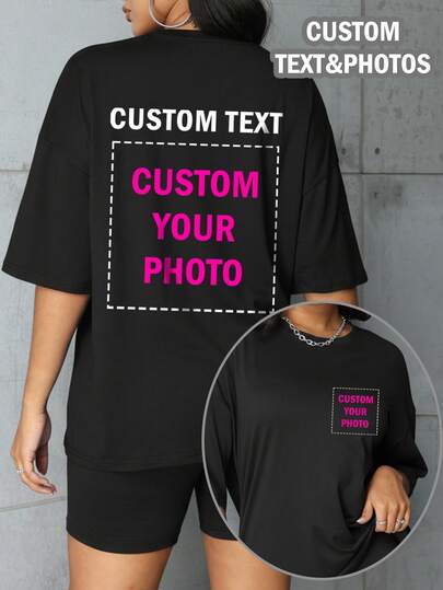 Regalo personalizado, que incluye una camiseta de mujer de talla grande con patrones personalizables en el frente y la espalda. Agrega tus propias fotos (patrones/logotipos/fotos familiares/selfies/fotos de mascotas/fotos de pareja).