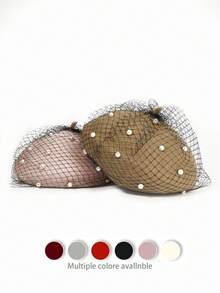 1顶纯色复古优雅奢华休闲羊毛水钻珍珠贝雷帽，秋冬时尚优雅刺绣艺术家帽，网眼南瓜帽