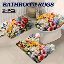 三件套花卉图案浴室地垫套装，速干吸水浴室地毯，防滑U型轮廓地毯和马桶盖套，适用于浴室浴缸马桶，理想的浴室配件 - 彩色 - 查看 3