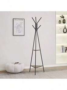 1pc 3-Prong Standing Coat Rack With 2-Tier Shelves, Industrial Style Vintage Brown-Black Coat Rack, 180cm Height, For Hanging Clothes, Hats, Bags - Black - View 2