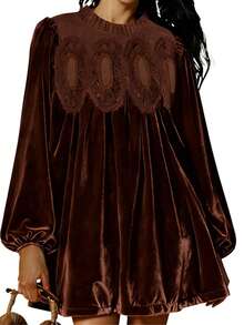 Women's Velvet Lace Dress A Line Pleated Swing Babydoll Mini Dress With Scallop Neck Flared Hem For Wedding Guest And Bridal Shower - màu nâu - Xem 1