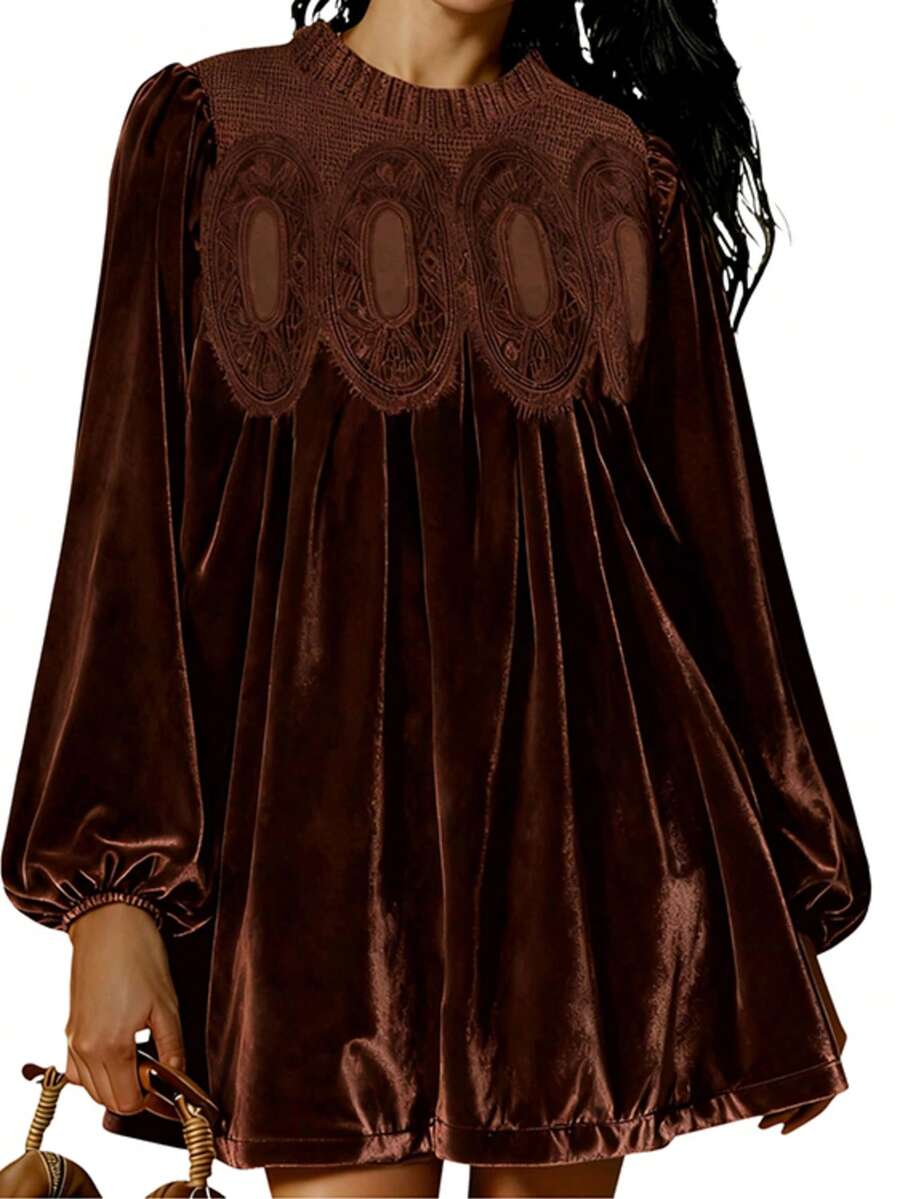 Women's Velvet Lace Dress A Line Pleated Swing Babydoll Mini Dress With Scallop Neck Flared Hem For Wedding Guest And Bridal Shower - màu nâu - Xem 1