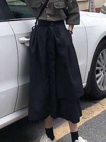 French Fashion Women's New Vacation Style Unique Asymmetric Skirt, Loose Korean Style A-Line High Waist Flared Skirt, Elegant Skirt - Black - View 4