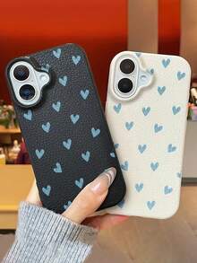 Large Pore Leather Texture Blue Heart Pattern Beige Phone Case, Compatible With IPhone 11/12/13; Leather Texture Anti-Slip Phone Case, Compatible With IPhone 14/15/16; Soft Silicone Shock-Proof Phone Protective Cover, Compatible With IPhone 17/17Pro/17ProMax/Air; Beige Phone Protective Case - Beige - View 3