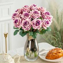 Roses Faux Flowers Silk Roses 16.5in Artificial Roses With Stems Realistic Artificial Flowers Suitable Indoor Home Decor Bouquet Wedding Decor Party Decor Pink Purple, 12PCS - 紫色 12 件裝 - 查看 6