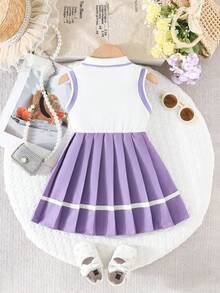 女婴无袖刺绣爱心领开襟褶裥连衣裙，休闲夏季装扮 - 紫丁香色 - 查看 2