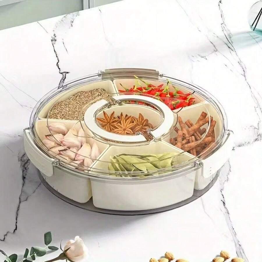 Circular 6-Section Snack And Spice Organizer - Round Divided Container For Multiple Dry Foods, Versatile Pantry Management Tool With Adjustable Partitions, Space Saving Kitchen Storage Design, Practical Home Decluttering Solution