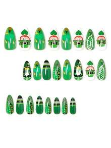 Instantly Upgrade Your Look With 24pcs Medium Almond Shape Press On False Nails Fashion Fairy Tale Cute Style Lucky Leprechaun Clover Pattern St. Patrick's Day Holiday Nails Retro Fresh Green Heart Pattern Press-On Nails Full Coverage Fake Nail Tips For Women And Girls Includes 1sheet Adhesive Tabs & 1pc Mini Files Strip Jelly Gel Random Shipment - Green - View 2