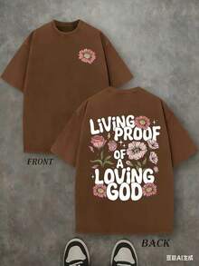 Retro Washed T-Shirt Double Sided Printed (230 Pure Cotton T-Shirt) 'LIVING PROOF OF A LOVING GOD' Letter And Flowers Pattern Print, Men's T-Shirt, Men's Casual, Comfortable, Fashionable T-Shirt, Street Style Cotton Unisex Plus Size Top - Cà phê nâu - Xem 3