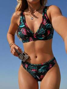 Swim Mod Women's Sexy Tropical Plant Printed Bikini Set, Perfect For Vacation,Summer Beach - Blue - View 5