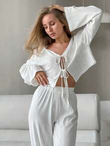 2pcs Elegant Casual Heart Print Drawstring Long Sleeve Pajama Set - White - View 1