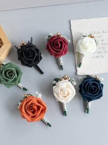 1 Peça Boutonnière de Casamento Vintage, Flor Artificial Rosa Boutonnière para Noivo e Padrinhos para Cerimônia de Casamento, Aniversário, Jantar Formal e Formatura, Verão, Praia - Flor na lapela - Visão 3