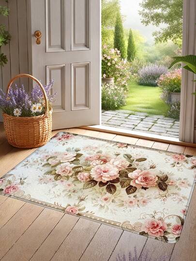 1件复古欧式玫瑰花卉印花门垫，法兰绒材质，适用于客厅、卧室、玄关、户外，可用作鞋底刮泥垫/圆形地毯，适合用作门厅迎宾垫和客厅装饰，防滑吸水，营造浪漫温馨的氛围。