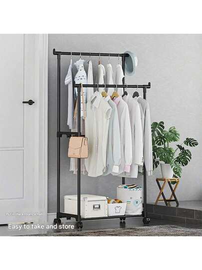 Freestanding Dual-Rod Multifunctional Wardrobe Rack, Metal Clothes Organizer And Black Wheeled Garment Rack For Bedroom, Organizer, Organizer, Home Storage, Women's White T-Shirts, Women's Black Pants, Women's Winter Clothing, Dresses, Women's Winter Wear, Elegant Women's Dresses, Women's White Blouses, Long Sleeve, Women's White Jumpsuits, Women's Spring Dresses, Women's Spring Wear, Spring, Spring Wear, Minimalist, Summer Tops