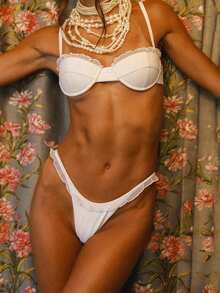 Women 2-Piece Bikini Lace Patchwork Ruffles Bra And Elastic Panties Sets For Summer Beachwear Bathing Suit - trắng - Xem 6