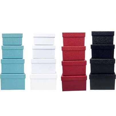 Zestaw 4 kwadratowych pudełek prezentowych, jednolity czerwony, niebieski, czarny, biały, prosty styl, dekoracja sypialni i salonu, do układania w stosy, do samodzielnego montażu, do przechowywania małych akcesoriów, odpowiedni na Walentynki, wesele, urodziny, imprezę, święta, do codziennego użytku