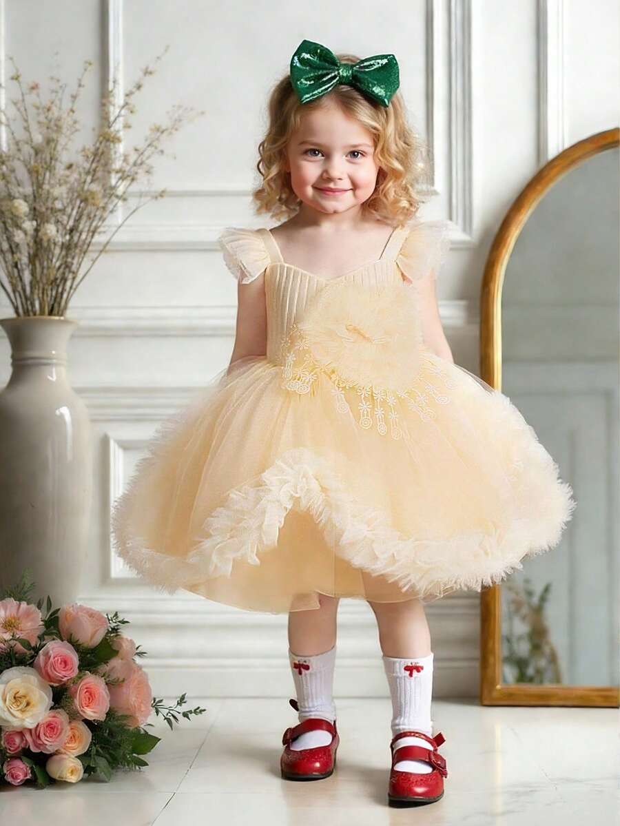 Vestido de princesa de tul con volantes y corazón de encaje para niña, adecuado para niña de las flores, fiesta, celebración. No incluye diadema. - Champán - Ver 1