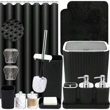 Bathroom Accories Set - 25PC Black Bathroom Set Bathroom Set With Shower Curtain And Rugs Black Shower Curtain Set Bathroom Rugs - ĐenBạc - Xem 2