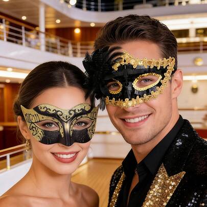 Juego de máscaras doradas románticas de alta gama para parejas en baile de máscaras, máscara veneciana para fiesta, máscara de plástico para Halloween y carnaval, adecuada para hombres y mujeres, fiesta, máscara de plástico ABS