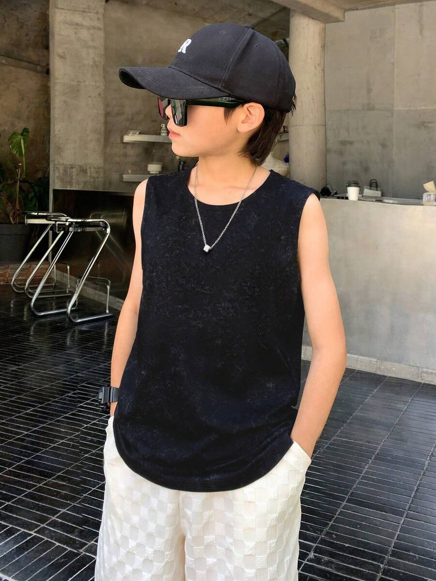 1pc Tween Boys Fashionable Casual Sleeveless Tank Top, Versatile For Summer - Black - View 1
