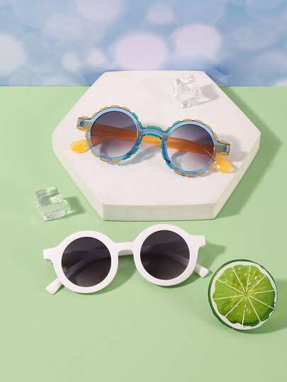 1Set 2PCS Girls 4-8Y Color Clash Cute Quirky Retro Round Frame And Casual Round Frame Polycarbonate Fashion Glasses For Outdoor And Party With Glasses Box