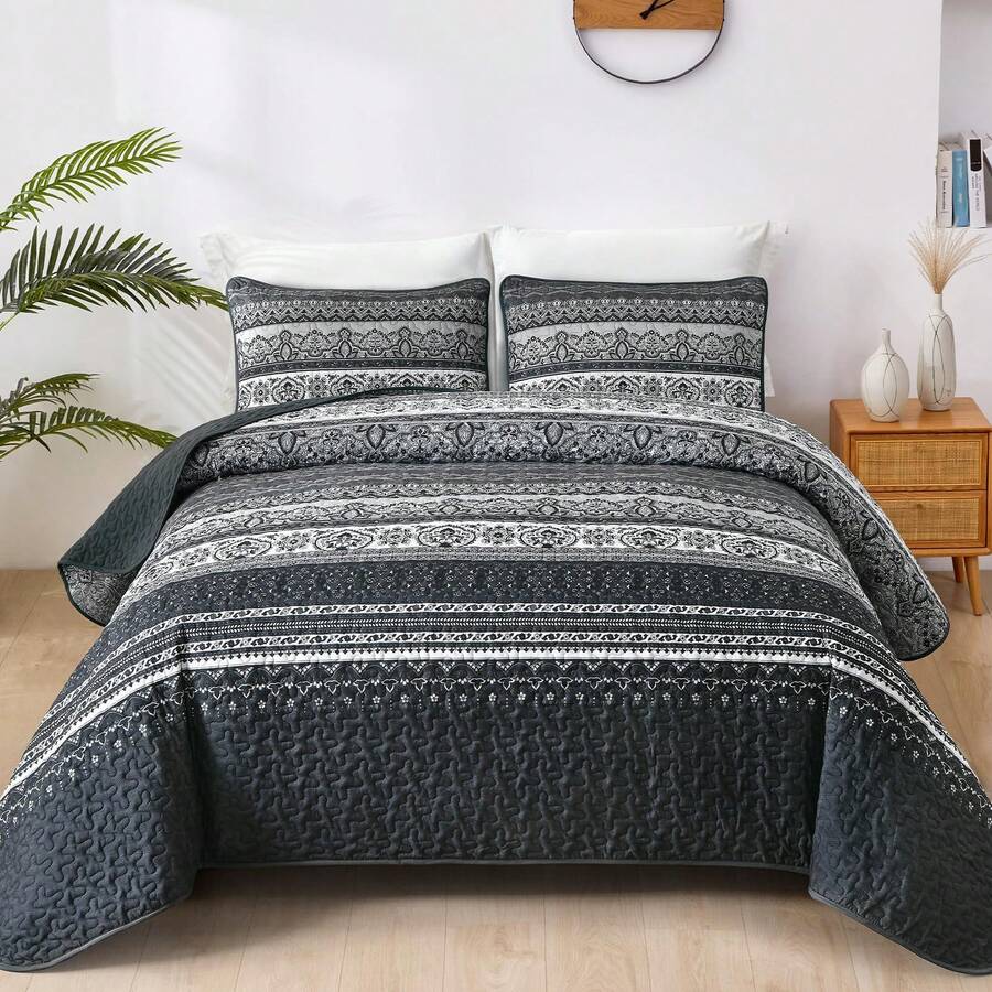 WONGS BEDDING Boho Quilt Twin Full Queen King Size, 3 Pieces Purple Blue Bohemian Light Weight Microfiber Bed Decor Bedspread for All Season - Negro - Ver 1