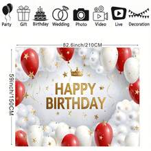 1pc Red, White, And Gold Balloon Happy Birthday Backdrop Banner Star And Crown Pattern Design With Ribbon Suitable For Birthday Parties, Cake Smashing Backgrounds, Photography Props Vinyl Material