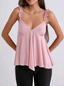 Women's  Summer Deep V Neck Camisole Top Sleeveless Ruffle Hem Crop Tops - Pink - View 2