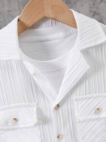 2 pezzi/set Camicia a maniche corte e pantaloni lunghi per ragazzi, effetto stropicciato, con tasche simmetriche e colletto alla coreana, outfit casual per bambini di 8-12 anni - Bianco - Visualizzare 3