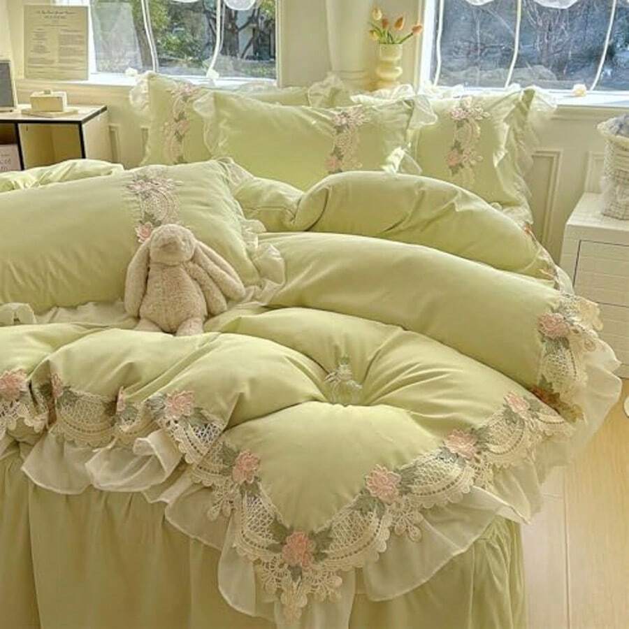 Chic Flowers Lace Bedding Set,3 Piece French Princess Style Comforter Duvet Cover Set(1 Queen Duvet Cover 90x90 Inch, 2 Pillowcases) Aesthetic Bedding For Romantic French Wedding - 青檸色 - 查看 1