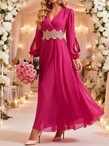 Women's Chiffon Long Sleeve V-Neck Waist Belt Lace Patchwork Party Dress, Bridesmaid Dress - Hot Pink - View 6