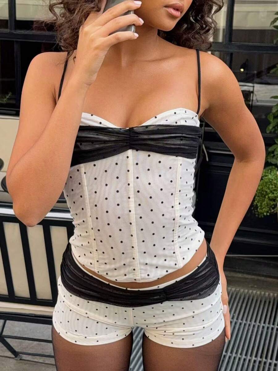 Women's Polka Dot Mesh Sexy Camisole 2 Pieces Set, Elegant And Cute Mesh Splice 2 Pieces Set, Suitable For Evening Date, Beach Vacation, Daily Wear - White - View 1