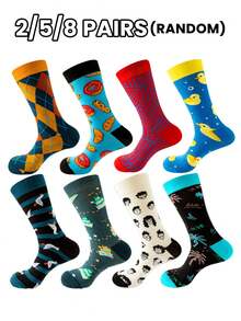 2/5/8 paires de chaussettes pour hommes, motifs multicolores aléatoires de dessins animés, desserts, canards, rayures, motifs géométriques, mode, polyvalentes, douces, confortables, absorbant l'humidité, chaussettes mi-mollet décontractées - Multicolore - Voir 15