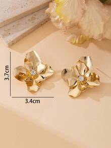 1对奢华金属质感复古水钻装饰双层花朵耳钉，女士款，金色