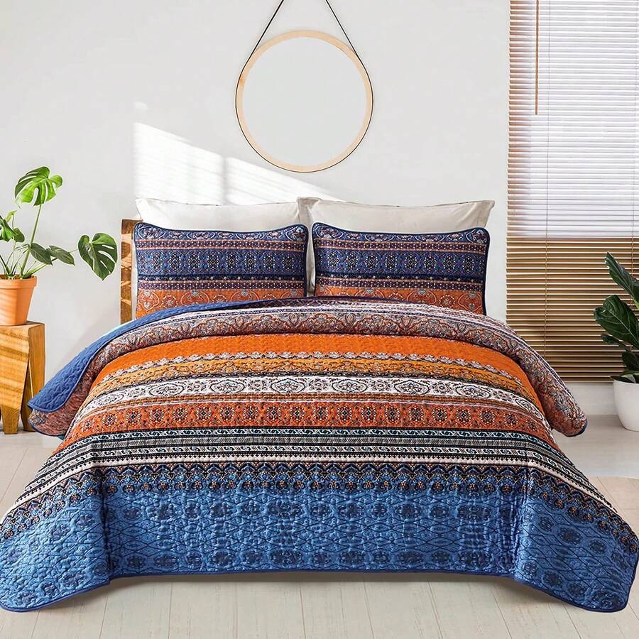WONGS BEDDING Boho Quilt Twin Full Queen King Size, 3 Pieces Purple Blue Bohemian Light Weight Microfiber Bed Decor Bedspread for All Season - Azul Naranja - Ver 1