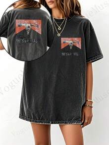 Unisex Washed Distressed T-Shirt Cotton Blend Casual Oversized Tee. Women'S Vintage 192s Retro Skull & 9'S Country Graphic T-Shirt - Double-Sided - 黑色 - 查看 7