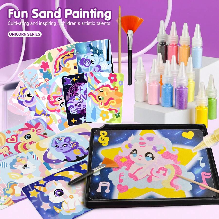 Children's Sand Art Creative Set Includes Sand Art Cards, Multi-Coloured Sand, Paintbrush, Tray. Supports Sand Art Creation, Stimulates Artistic Creativity And Hands-On Ability. Suitable For Children Aged 3 And Above. Ideal For Birthday Or Children's Day Creative Gifts. - Multicolor - View 1