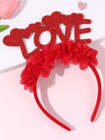 1 pieza Diadema roja de San Valentín para niñas con corazón brillante, diadema con la palabra "love", accesorio para el cabello brillante y lindo para fiestas, diadema dulce para adolescentes