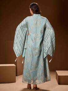 Women's Solid Color Embroidered Leaf Embroidered Elegant Dress With Oversized Cuffs, Random Embroidery,Modest - Mint Green - View 2