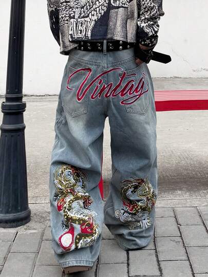 1pc American Style Men's Street Fashion Embroidered Wide Leg Pants, Loose Casual Comfortable Commuting All-Season Versatile Jeans (No Belt Or Accessories)