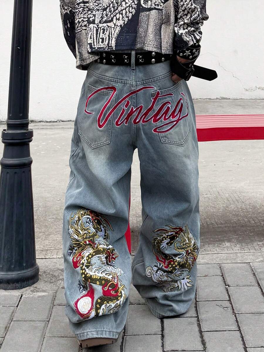 1 chiếc quần ống rộng thêu họa tiết phong cách đường phố Mỹ dành cho nam, kiểu dáng rộng rãi, thoải mái, phù hợp đi làm, mọi mùa (Không kèm thắt lưng hoặc phụ kiện) - Màu xanh lam - Xem 1