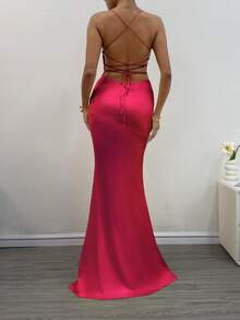 女士长款细肩带高开衩吊带裙、晚礼服、派对礼服、婚礼宾客礼服 - 酒紅色 - 查看 3
