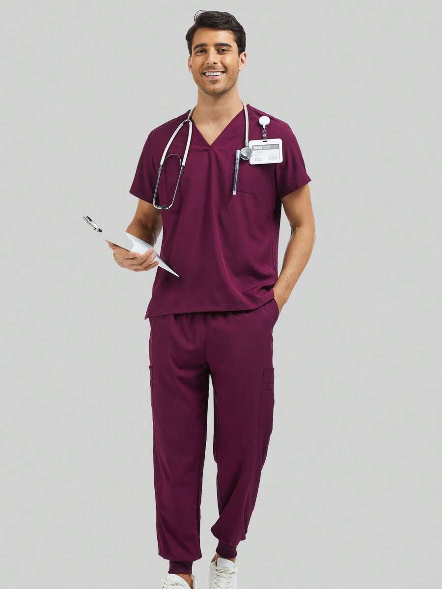 1 Set Men's Elastic V-Neck Top + Sweatpants, Wrinkle-Resistant Dental Clinic Uniform