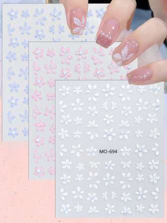 3/6 st 5D Pärlblomma Nagelkonstklistermärken, Vita, Rosa, Blå Präglade Blommiga Nageldekaler, Lämpliga för DIY Manikyr